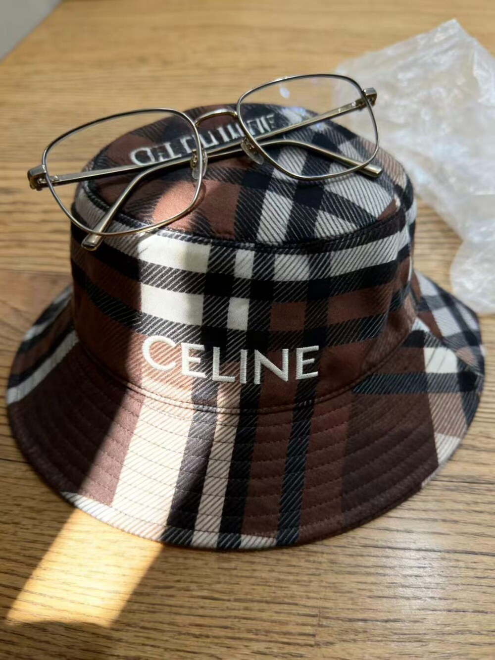 Celine Logo Plaid Bucket Hat in Brown Check